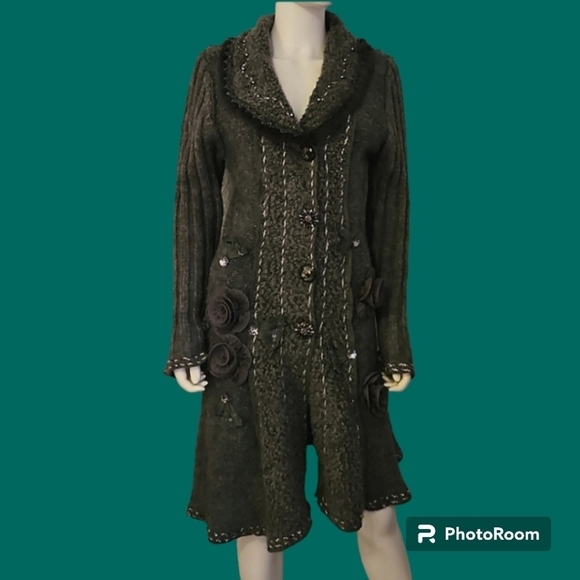 VTG FORLA PARIS 1990s Wool Fur Trim Rosette Longline Sweater Cardigan - Picture 1 of 14